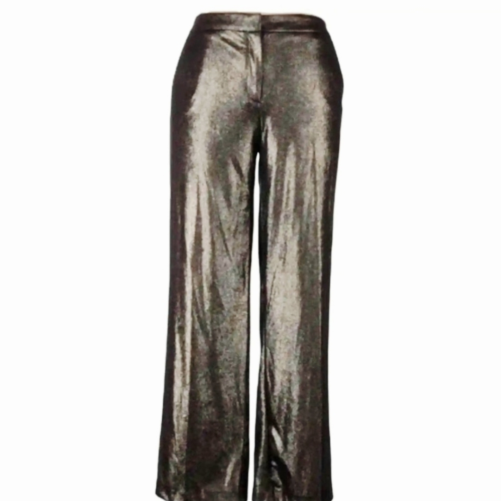 Joie Coated Metallic Liquid Flowy Party Wide Pants Sz 14 gold black